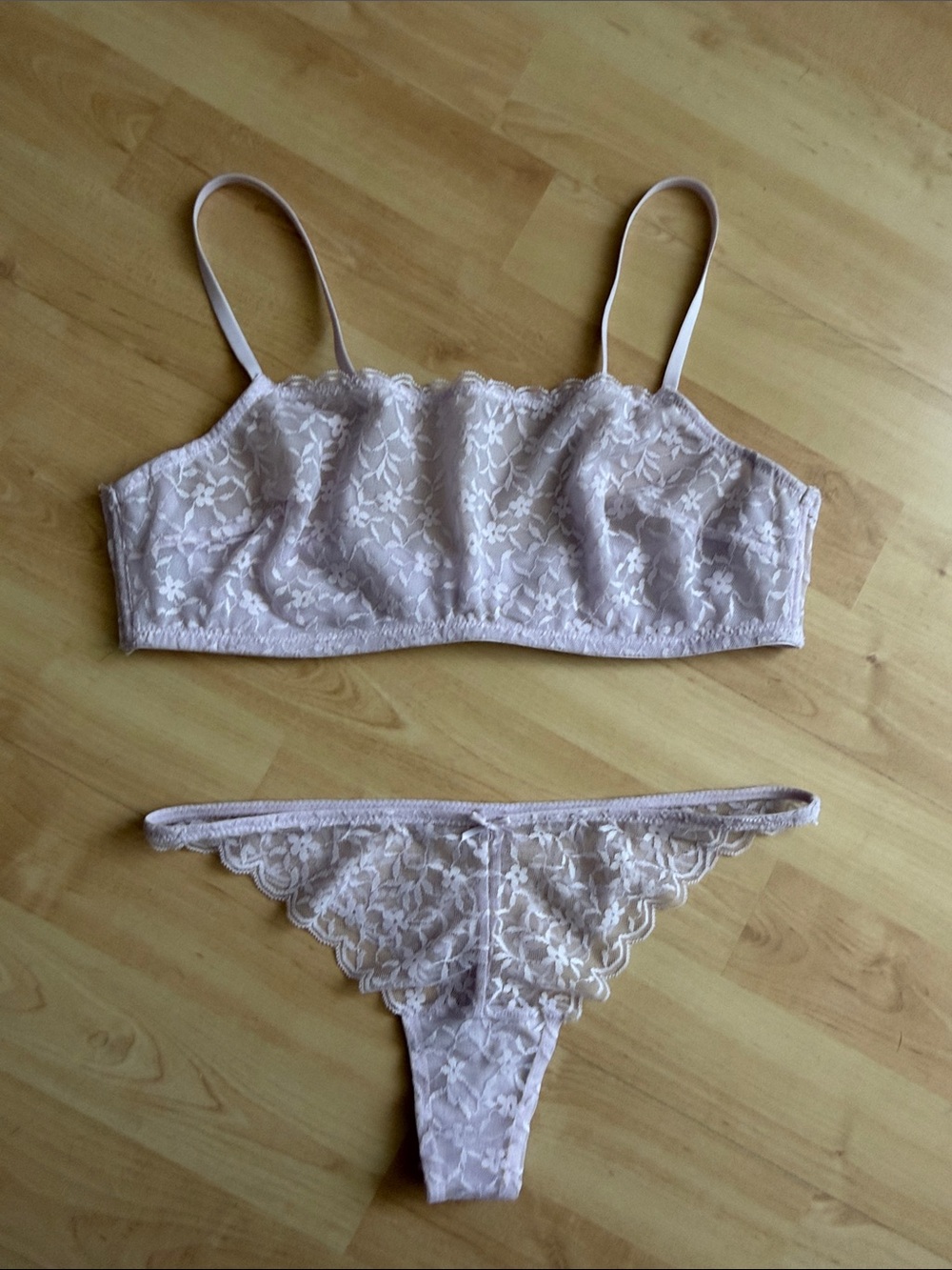 Sheer Floral Lace Bralette & Thong Set in Light Pastel Lavender
